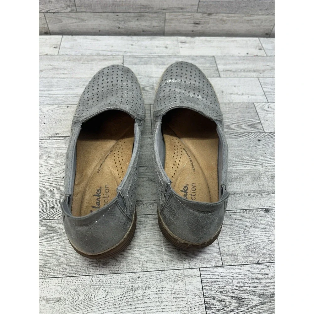 Women's Clarks Elaina Ruby Slip-On Leather Espadrille Shoes Silver Pewter Sz 6.5